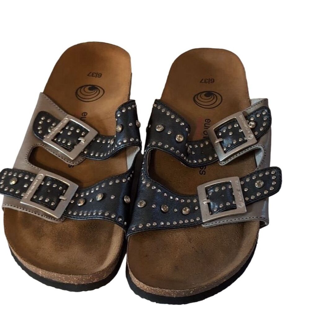 Eurowell  Women's Black Studded Double Buckle Slides Size 6
